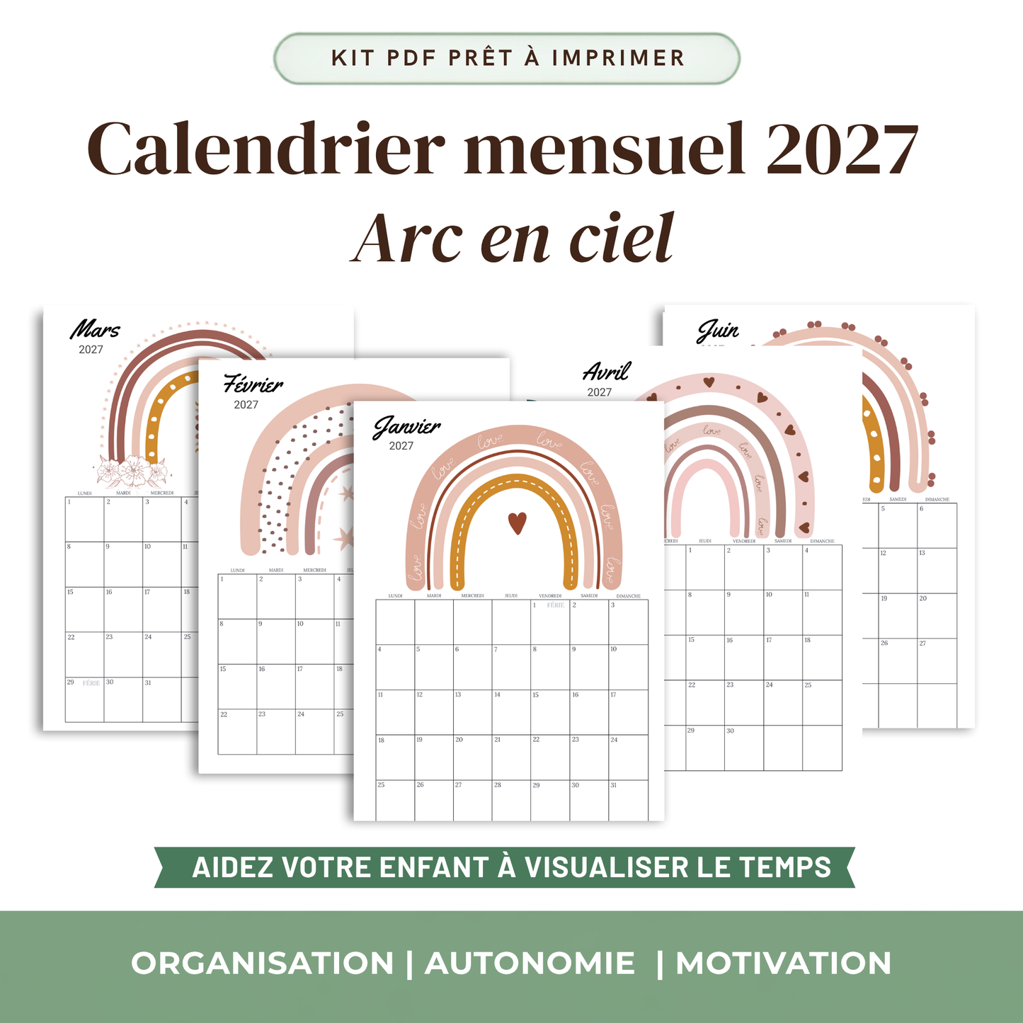 Calendrier Mensuel Enfant 2027 — Thème au choix | 12 Mois à Imprimer