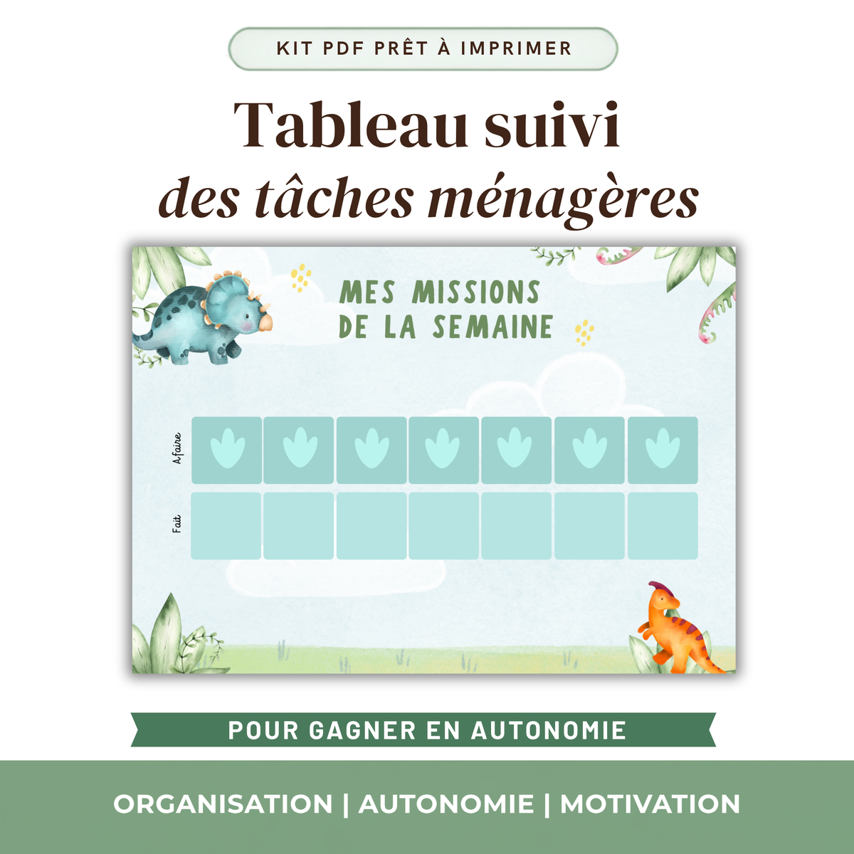 Tableau suivi des tâches ménagères enfant à imprimer, thème dinosaures avec tricératops et feuillage