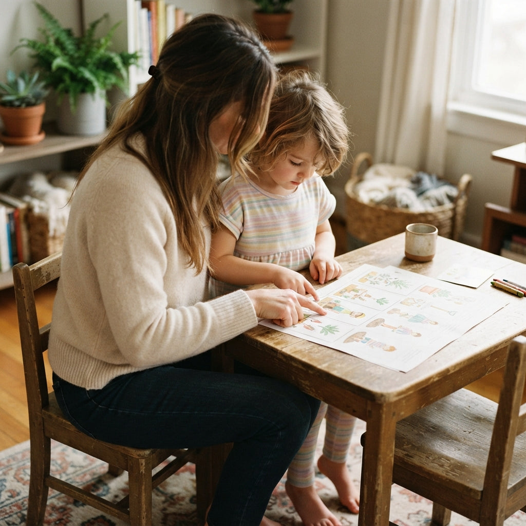 Parent et enfant qui construisent ensemble une routine visuelle autonomie