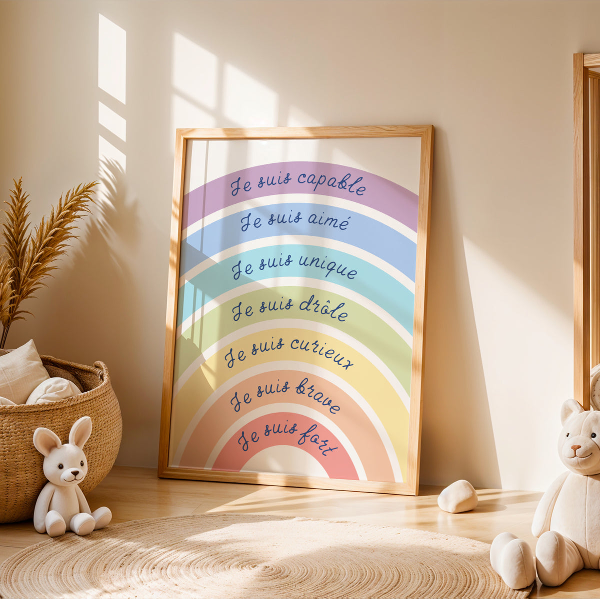 Affiche arc-en-ciel affirmations positives enfant à imprimer pastel