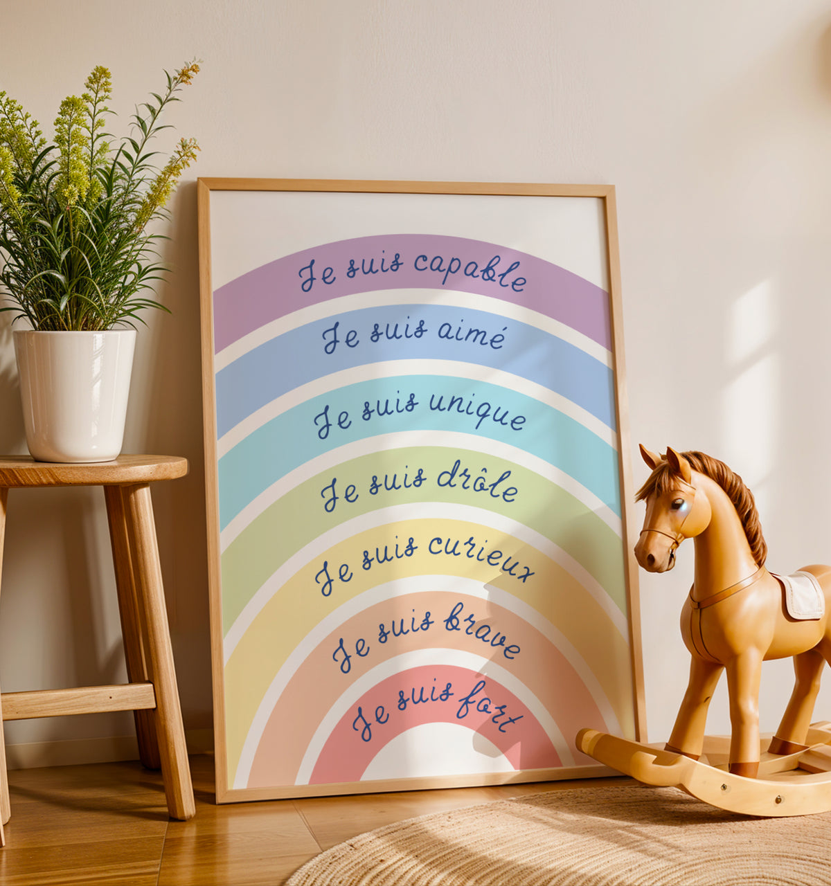 Affiche arc-en-ciel affirmations positives enfant à imprimer pastel