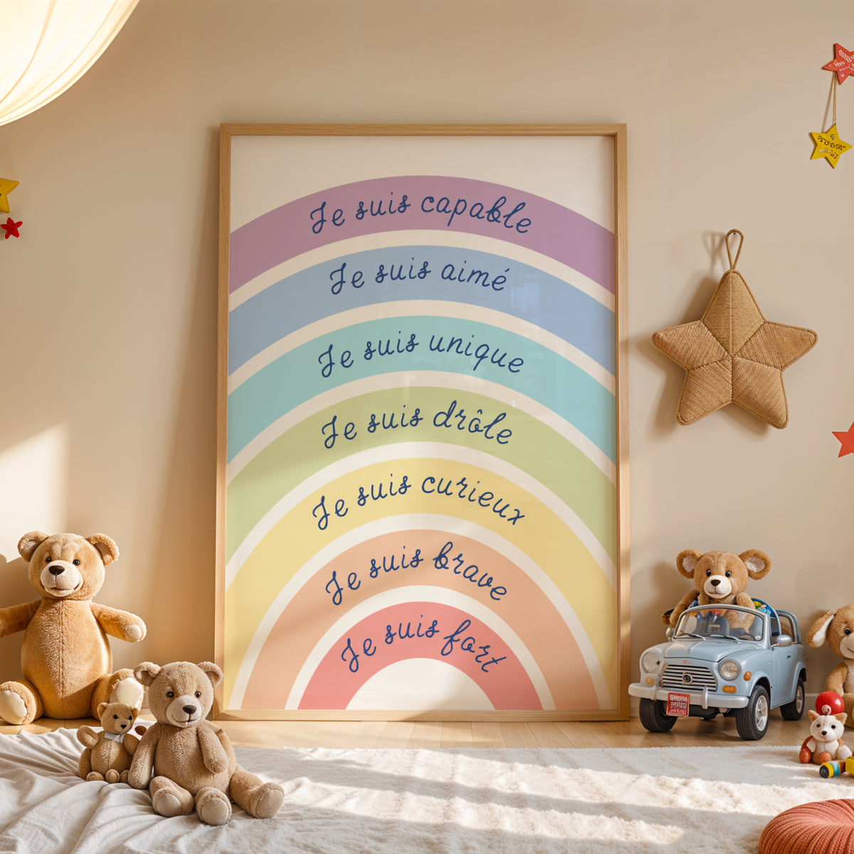 Affiche arc-en-ciel affirmations positives enfant à imprimer pastel
