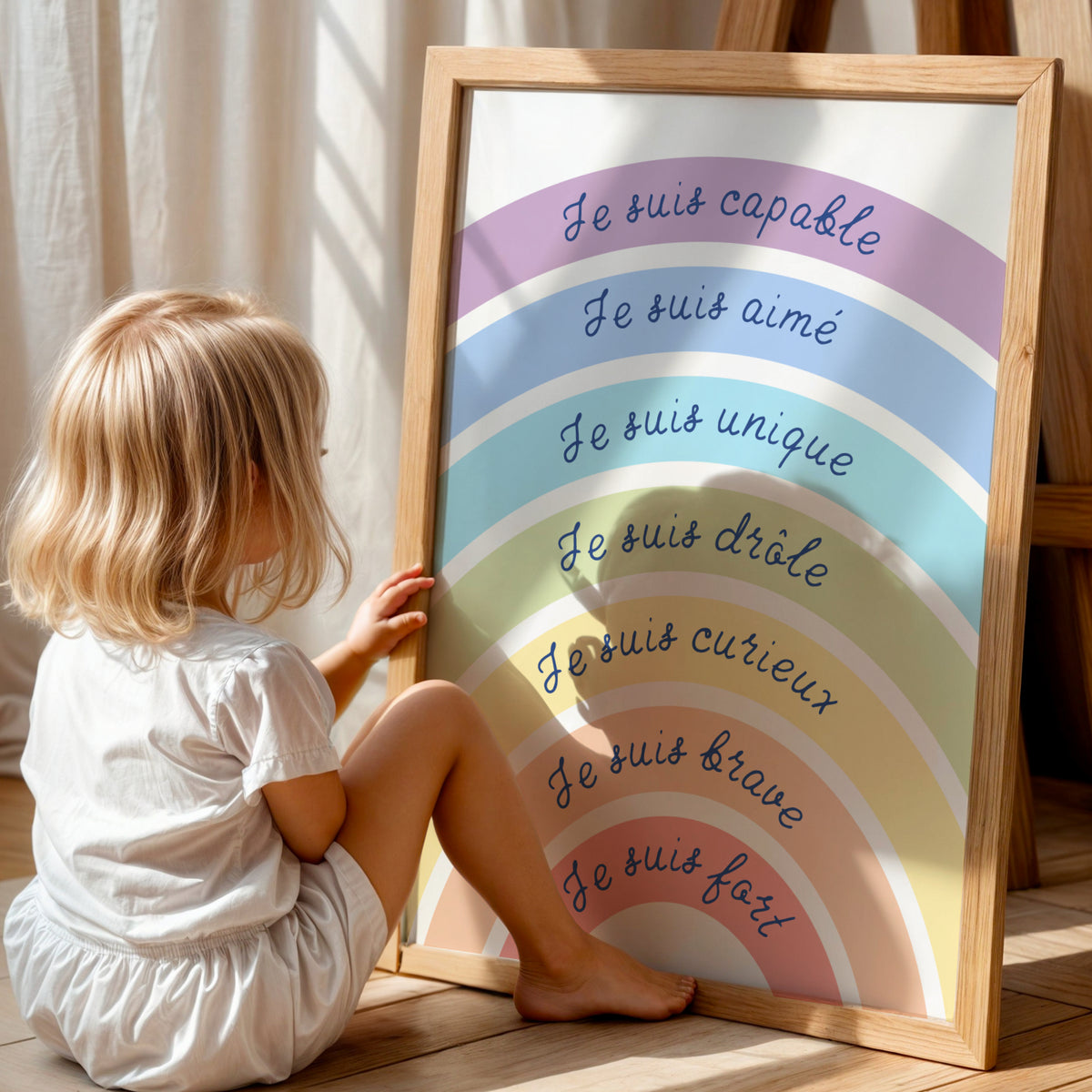 Affiche arc-en-ciel affirmations positives enfant à imprimer pastel