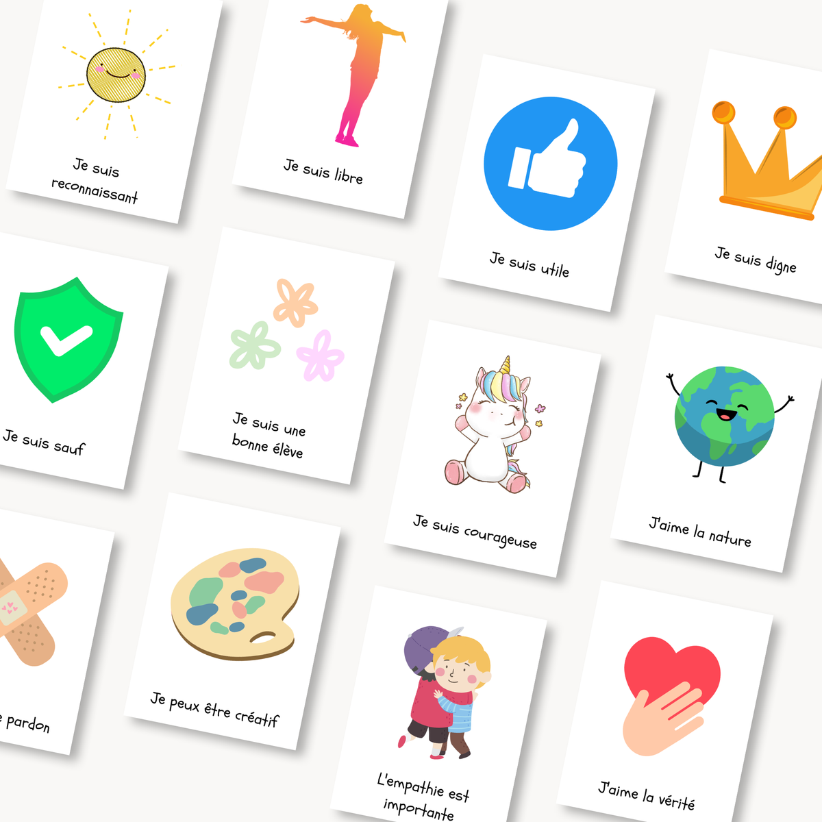 Cartes affirmations positives enfant affichées chambre