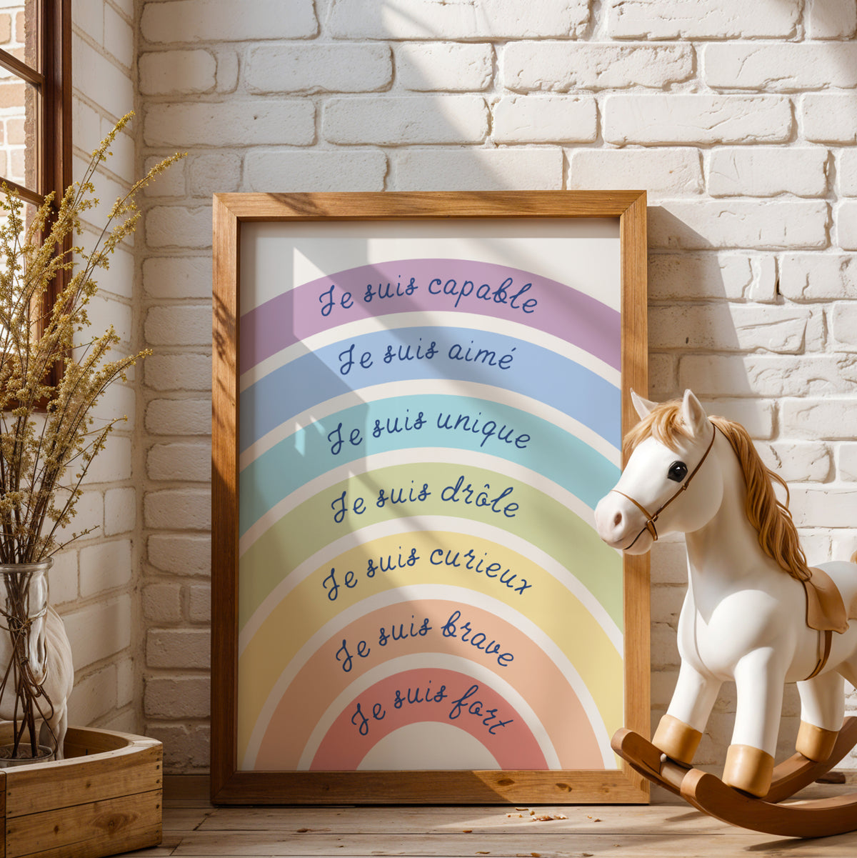 Affiche arc-en-ciel affirmations positives enfant à imprimer pastel