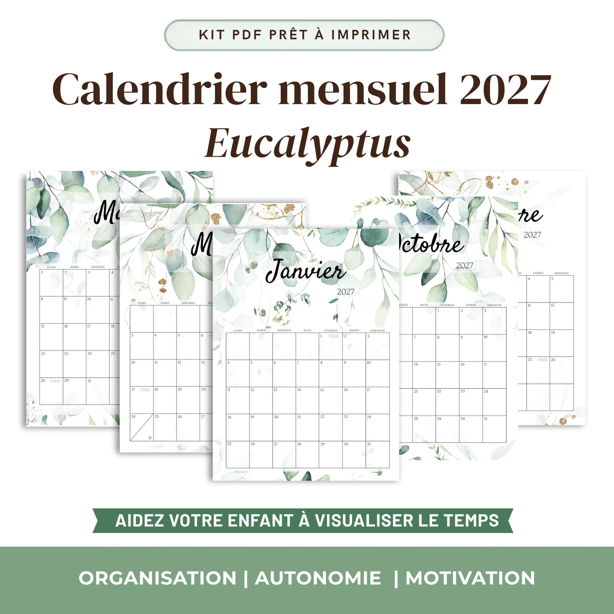 Calendrier Mensuel Enfant 2027 — Thème au choix | 12 Mois à Imprimer