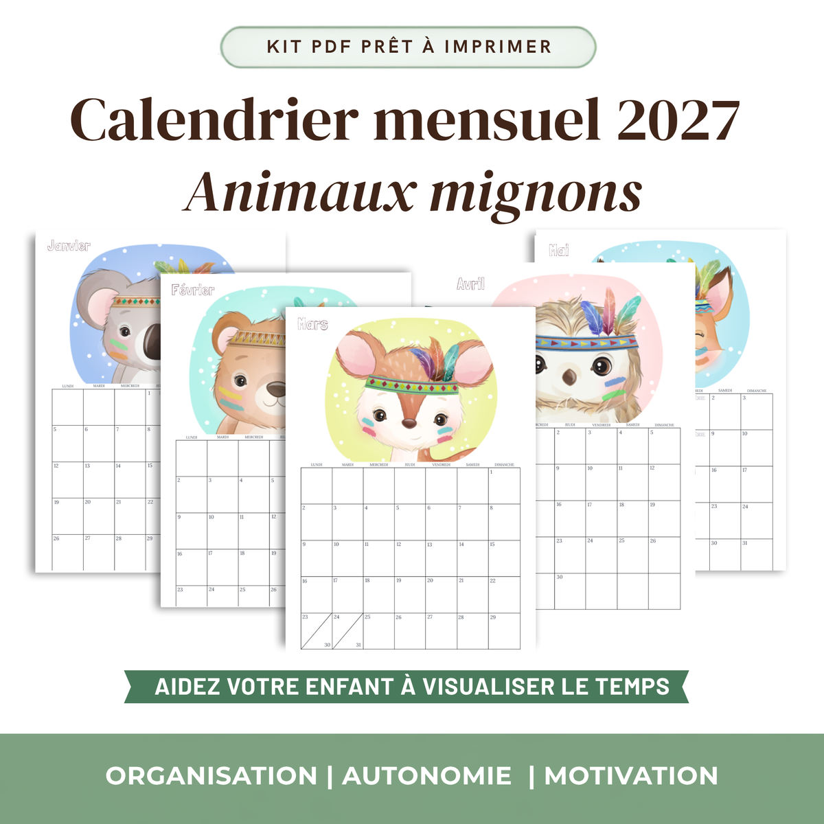 Calendrier Mensuel Enfant 2027 — Thème au choix | 12 Mois à Imprimer