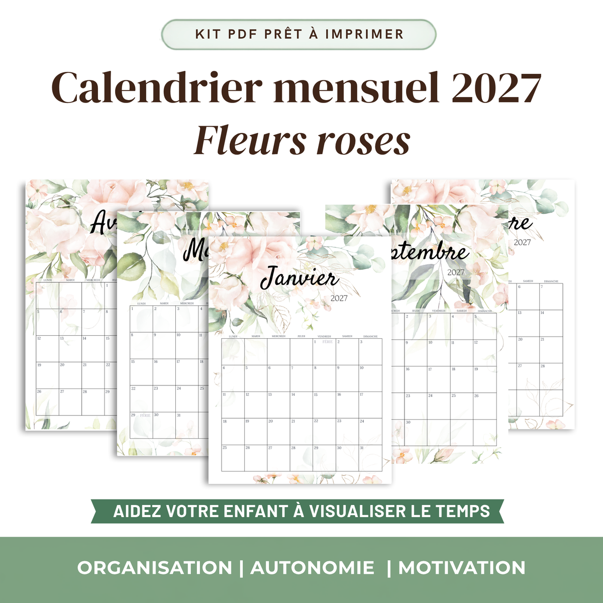 Calendrier Mensuel Enfant 2027 — Thème au choix | 12 Mois à Imprimer