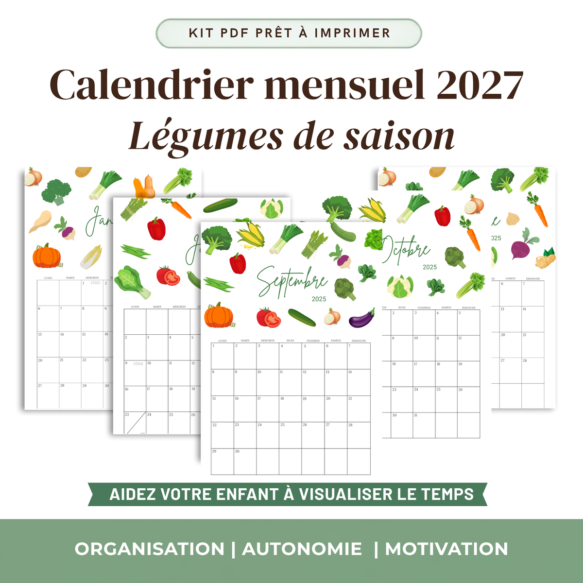 Calendrier Mensuel Enfant 2027 — Thème au choix | 12 Mois à Imprimer