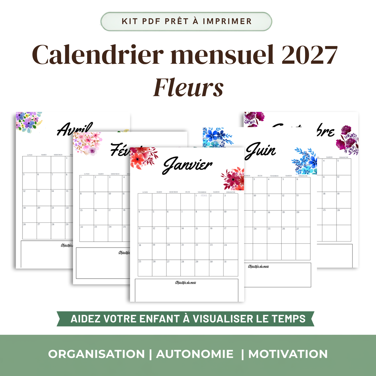 Calendrier Mensuel Enfant 2027 — Thème au choix | 12 Mois à Imprimer