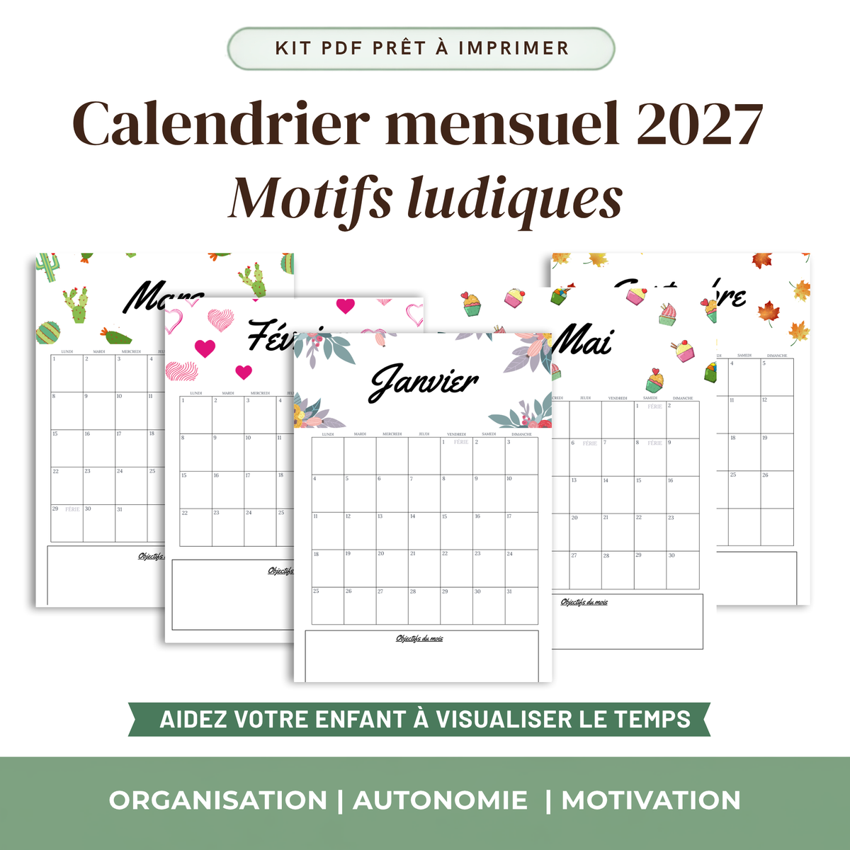 Calendrier Mensuel Enfant 2027 — Thème au choix | 12 Mois à Imprimer