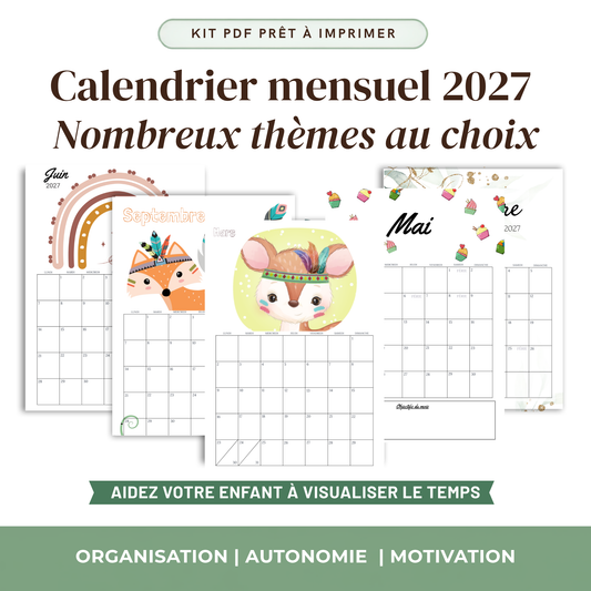 Calendrier Mensuel Enfant 2027 — Thème au choix | 12 Mois à Imprimer