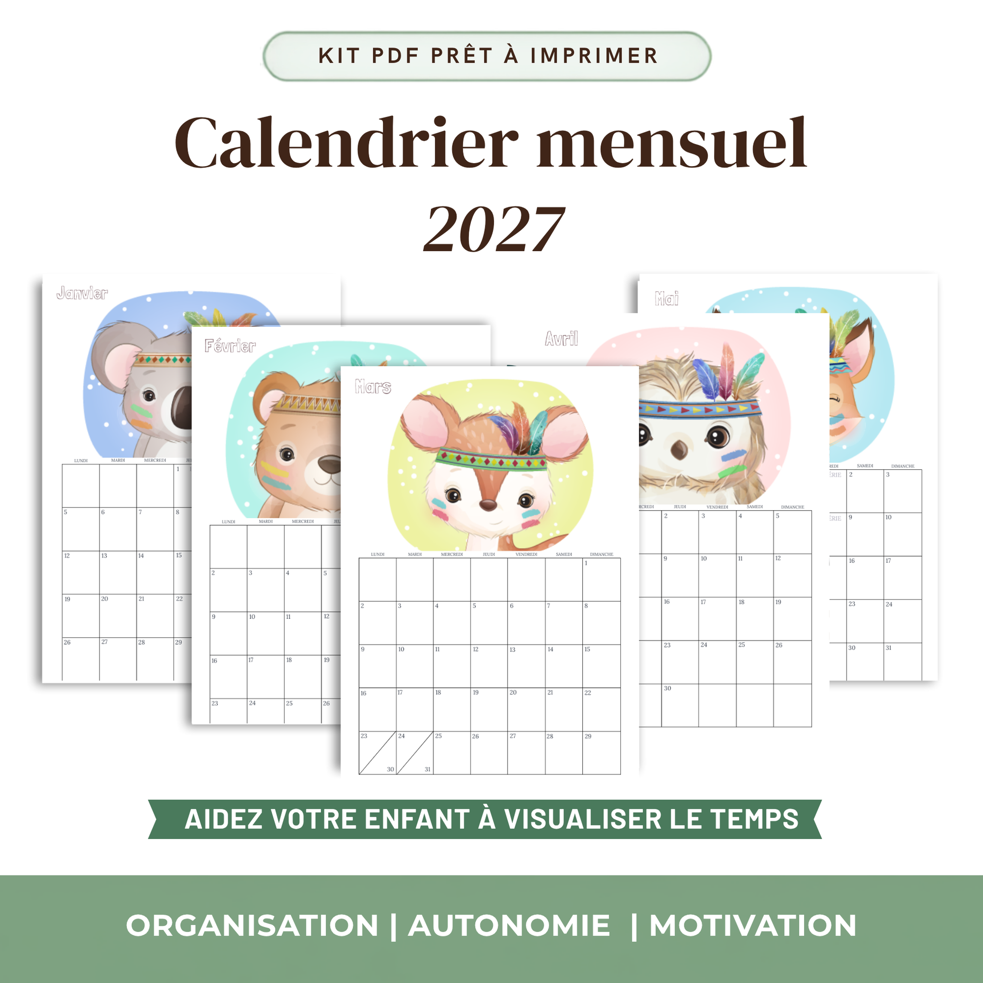 Calendrier mensuel enfant A4 plastifié gommette repère jour présent mural