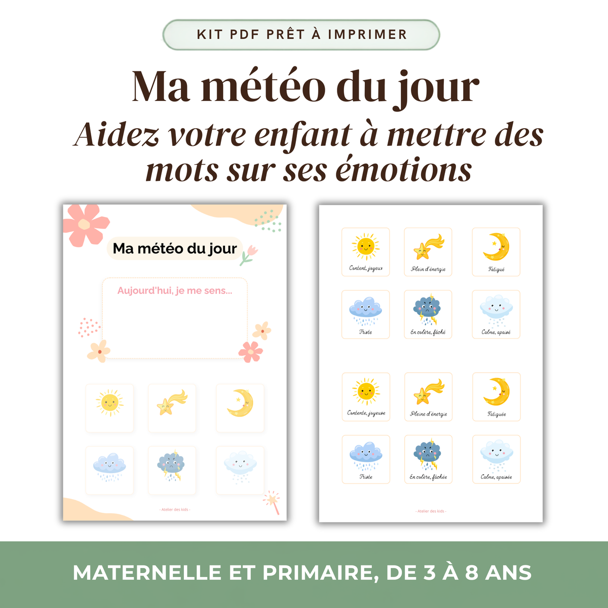 Affiche météo des émotions enfant à imprimer avec cartes à coller Atelier des Kids