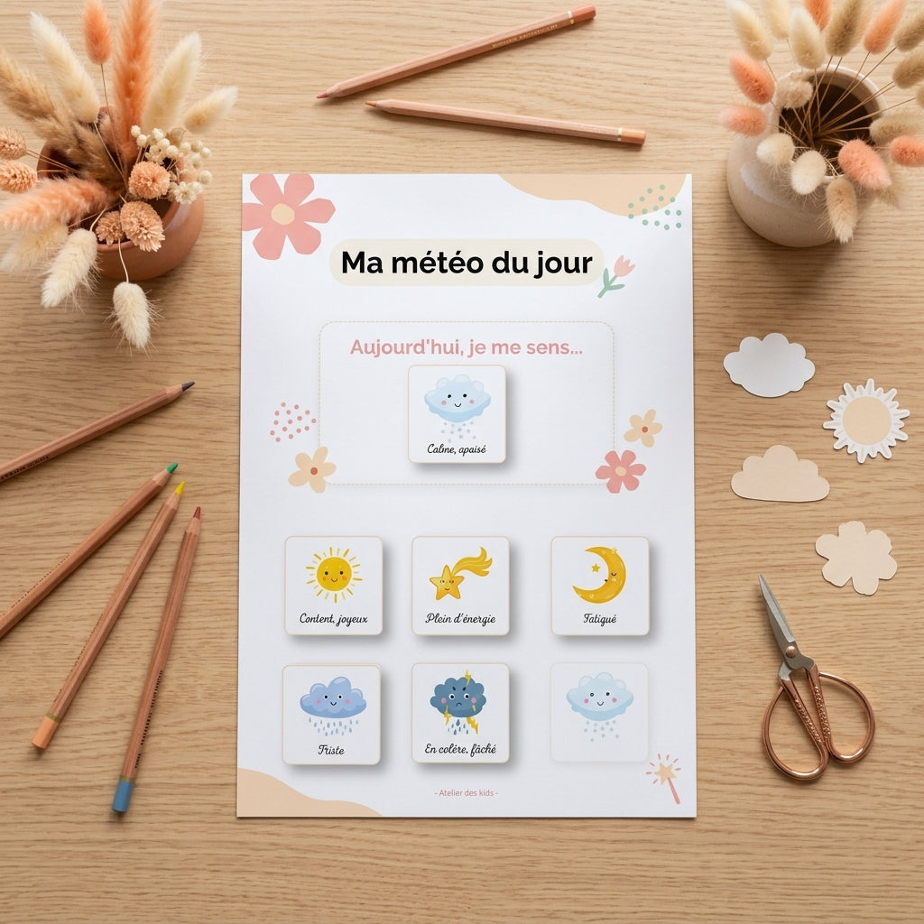 Affiche météo des émotions enfant à imprimer avec cartes à coller Atelier des Kids
