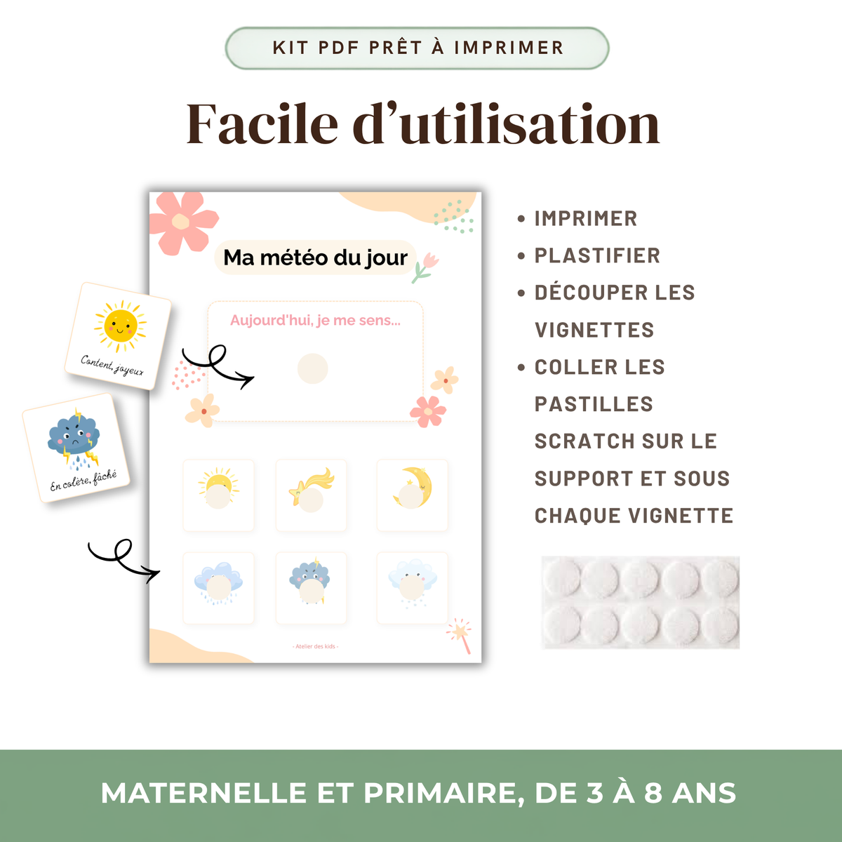 Affiche météo des émotions enfant à imprimer avec cartes à coller Atelier des Kids
