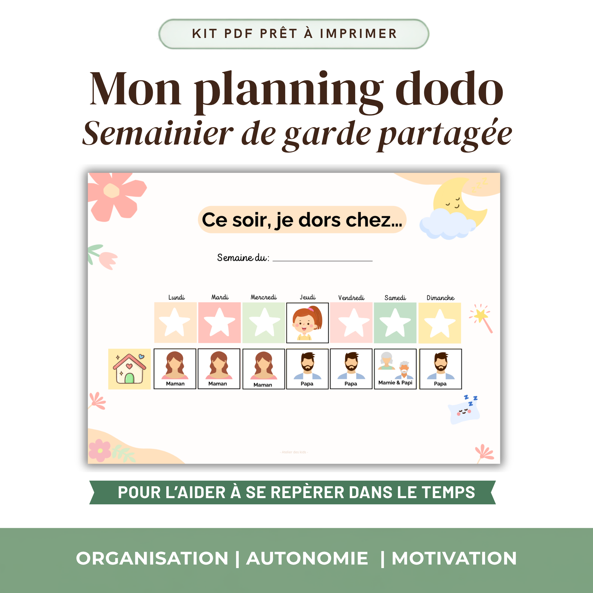 Planning dodo : semainier de garde alternée avec vignettes « où je dors ce soir » et personnage à déplacer