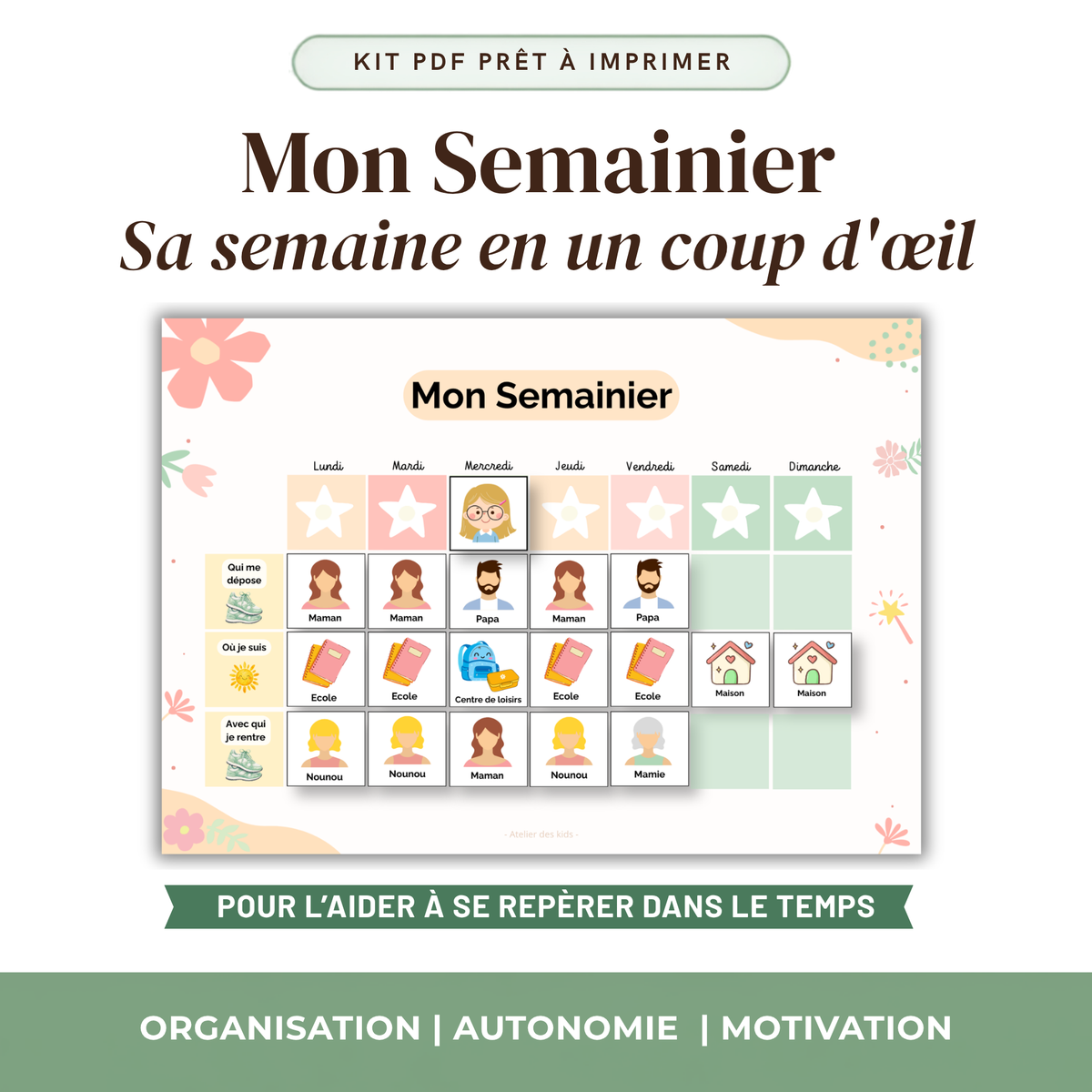 Semainier enfant visuel imprimable PDF vignettes repositionnables thème coloré fleurs