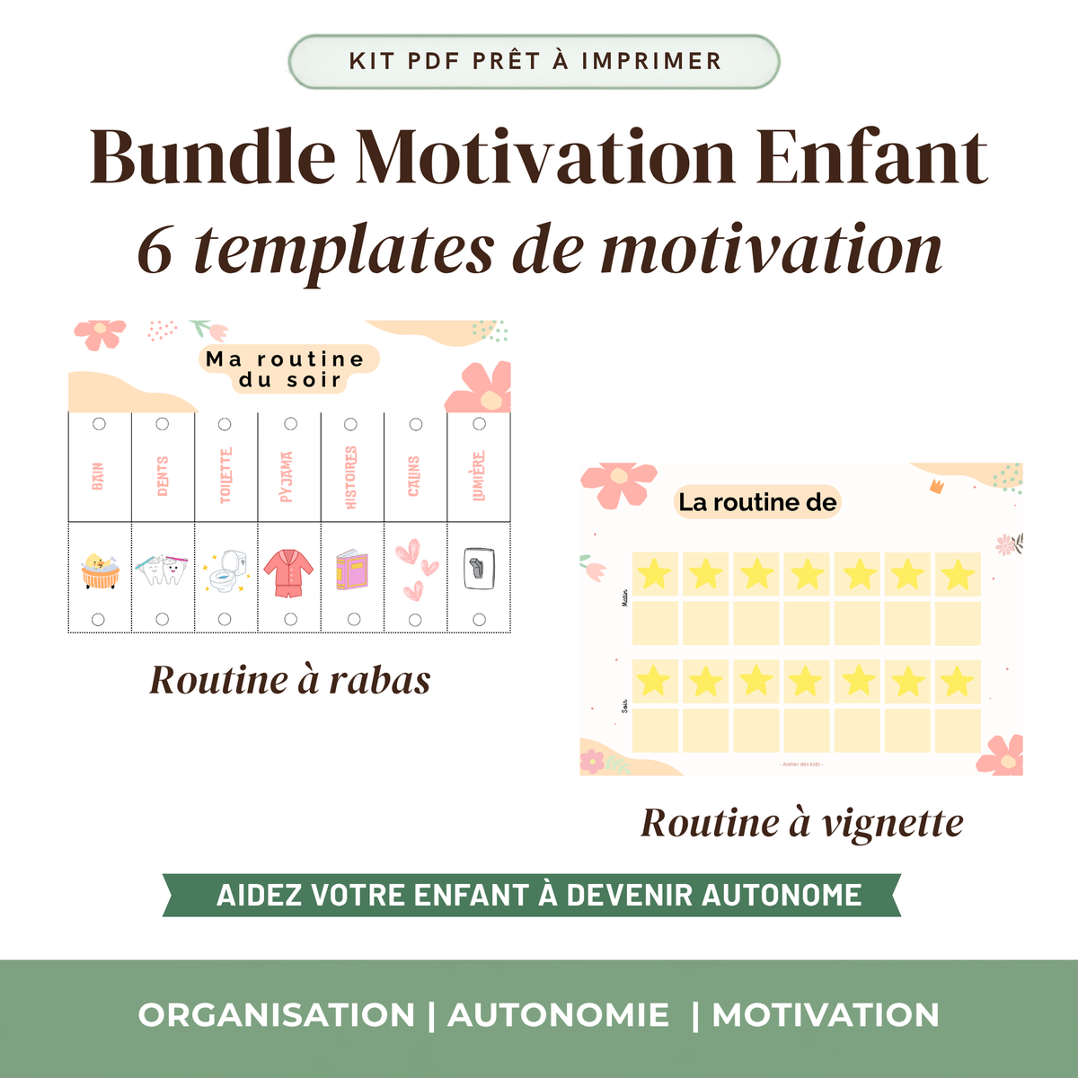 Bundle autonomie enfant 6 outils visuels imprimables routines récompenses hygiène