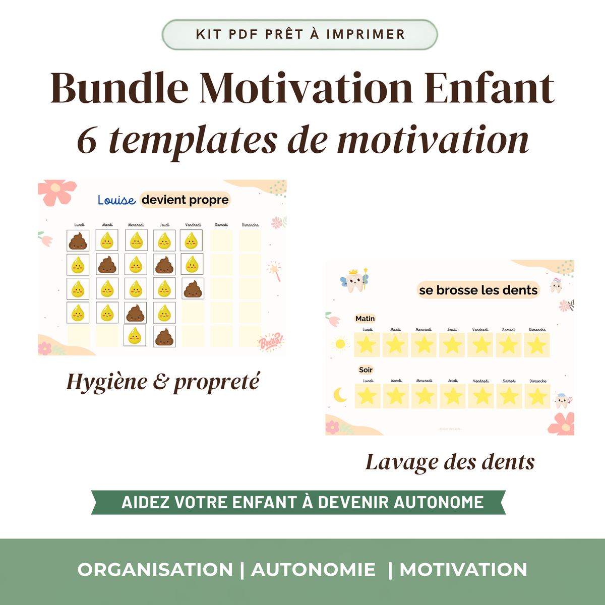 Bundle autonomie enfant 6 outils visuels imprimables routines récompenses hygiène