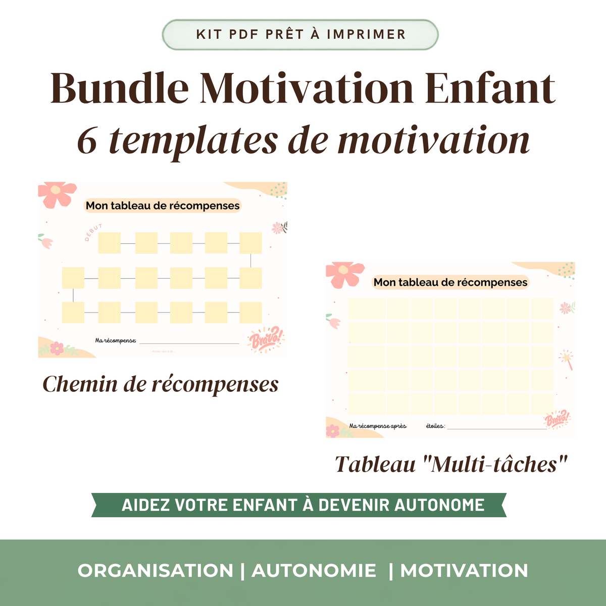 Bundle autonomie enfant 6 outils visuels imprimables routines récompenses hygiène