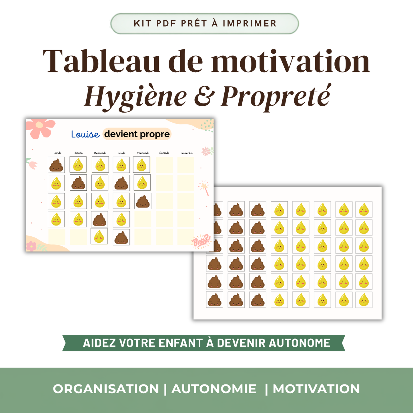 Tableau propreté enfant 7 jours 5 cases prénom devient propre imprimable