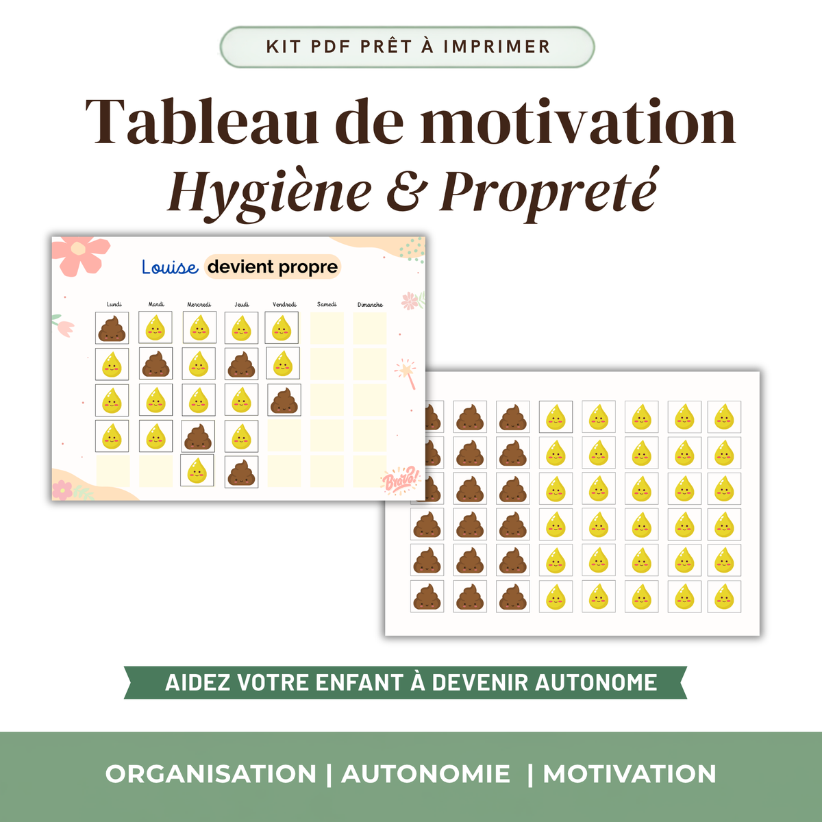 Tableau propreté enfant 7 jours 5 cases prénom devient propre imprimable