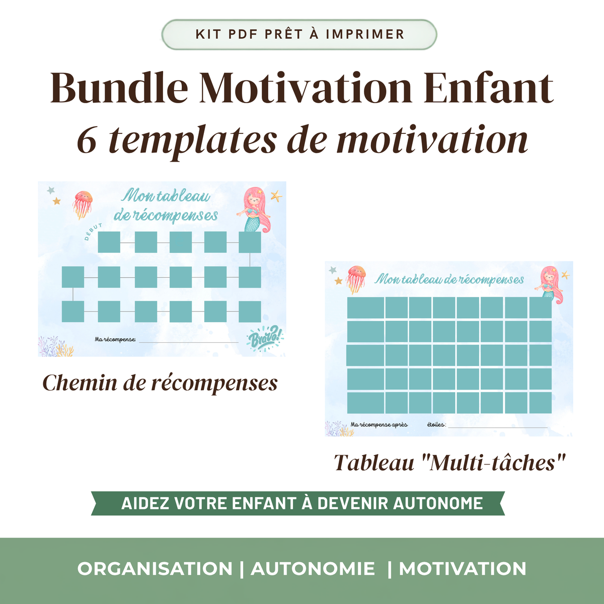 Bundle Kit Autonomie Enfant — 6 Outils Visuels Imprimables | Thème Océan / sirène