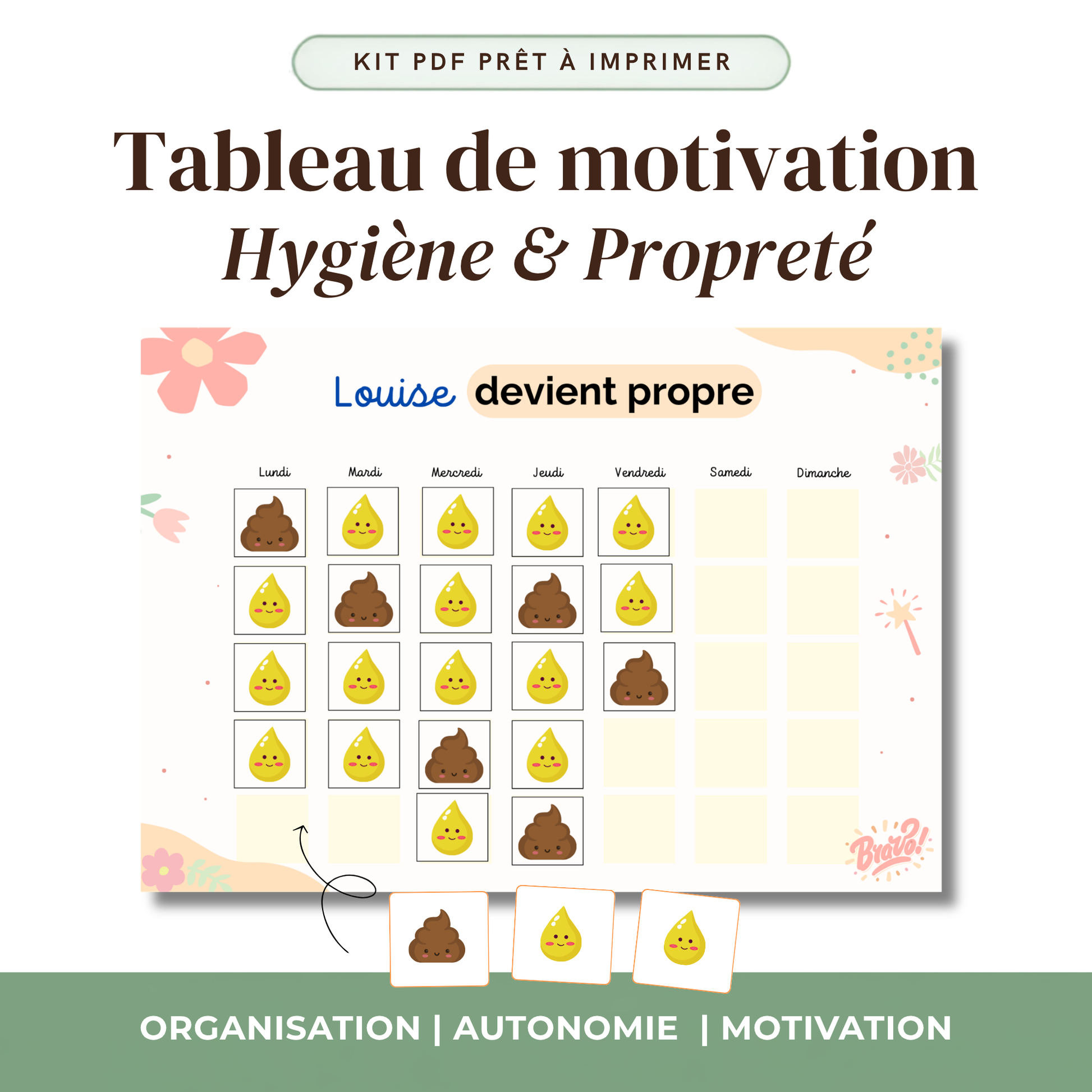 Tableau apprentissage propreté enfant vignettes pipi caca kawaii imprimable