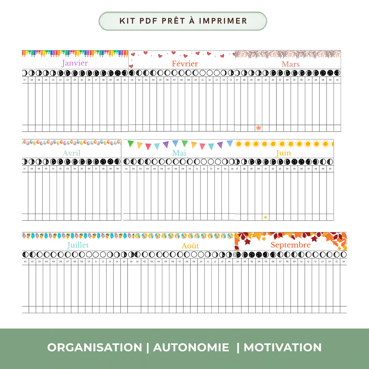 Poutre du temps Montessori calendrier mensuel enfant non daté réutilisable imprimable