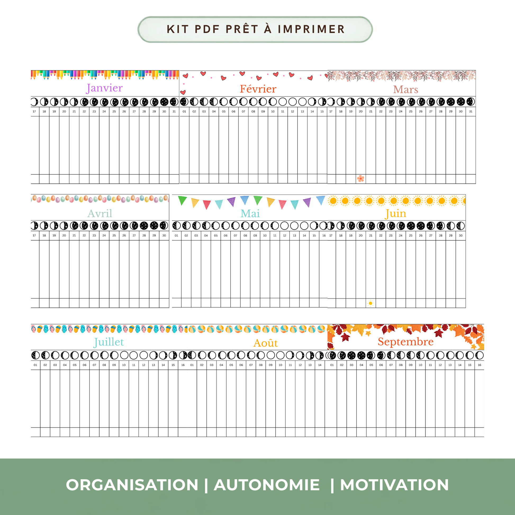 Poutre du temps Montessori calendrier mensuel enfant non daté réutilisable imprimable
