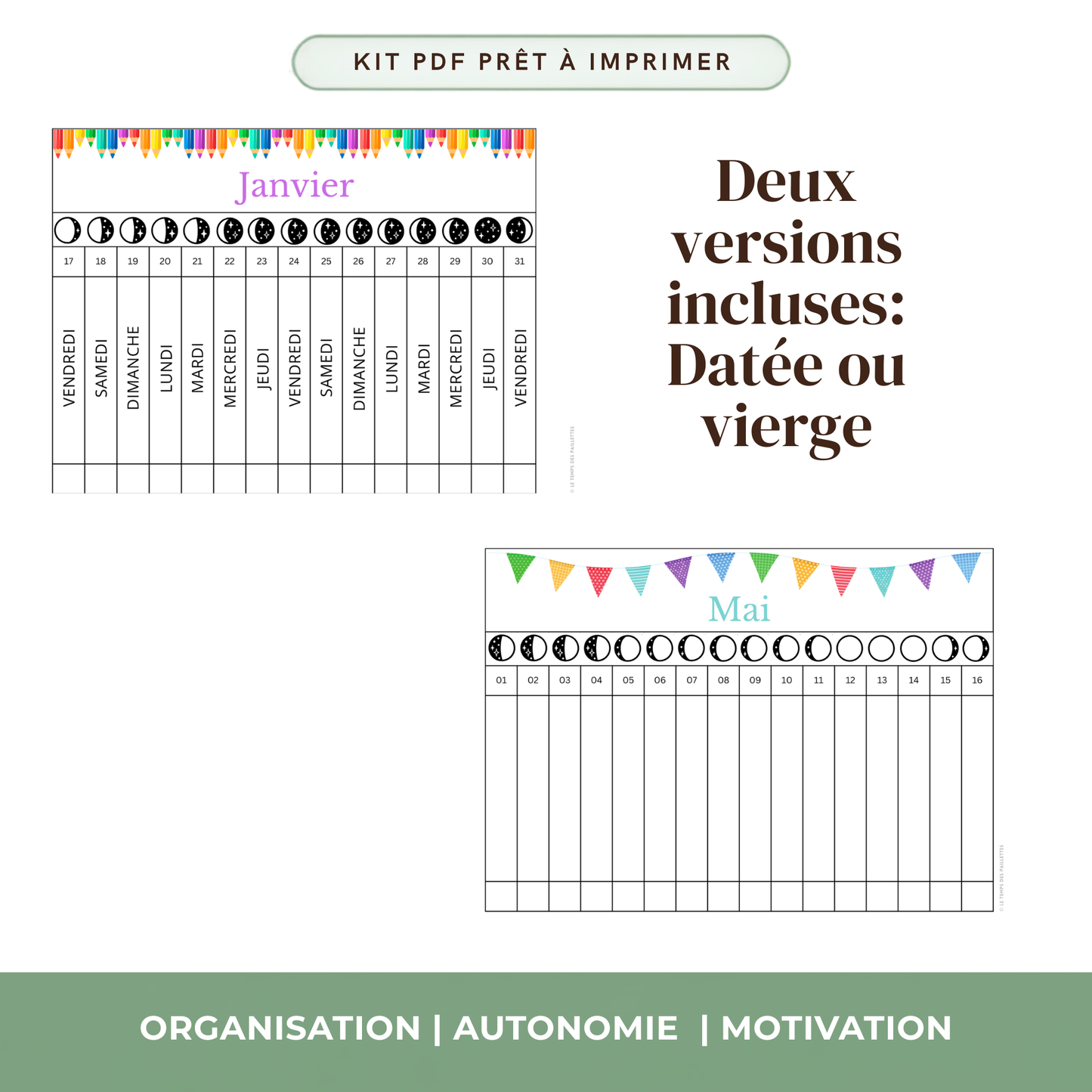 Poutre du temps Montessori affichée classe maternelle calendrier mensuel enfant