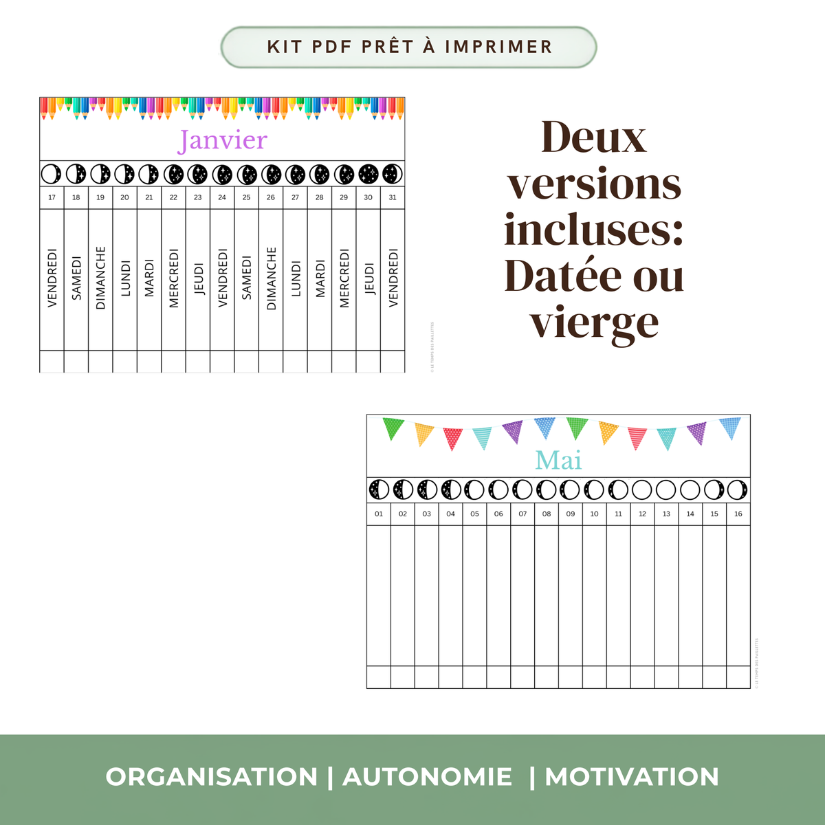 Poutre du temps Montessori affichée classe maternelle calendrier mensuel enfant