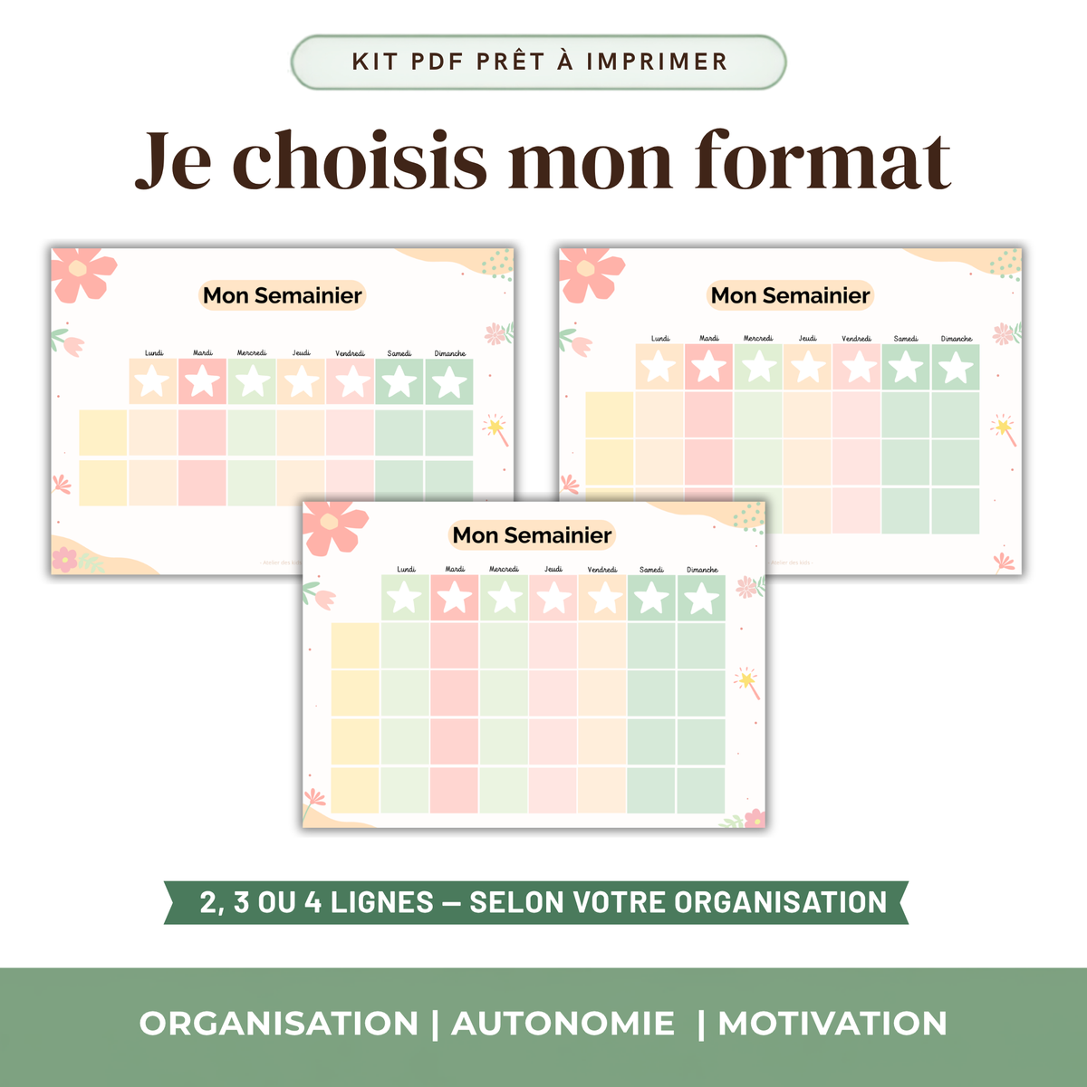 Semainier enfant visuel imprimable PDF vignettes repositionnables thème coloré fleurs