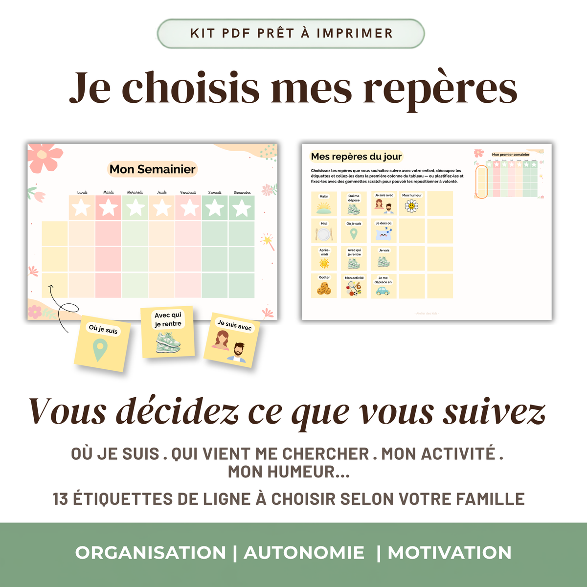 Semainier visuel enfant étiquettes de ligne personnalisables où je suis qui me garde