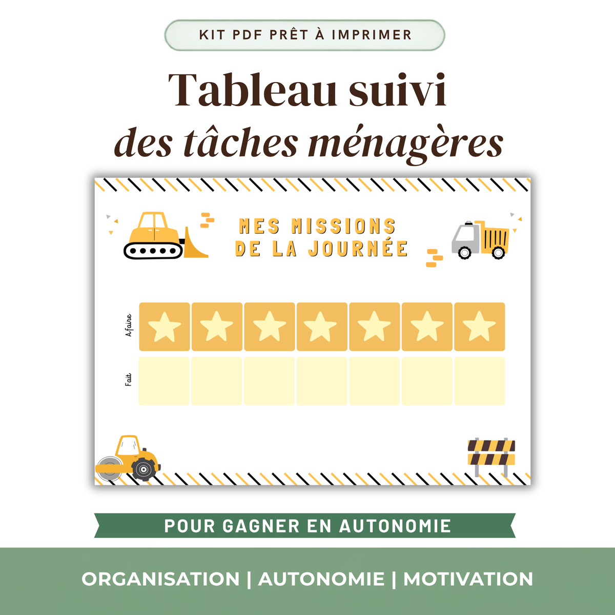 Tableau suivi des tâches ménagères enfant à imprimer, thème chantier avec bulldozer et camion benne