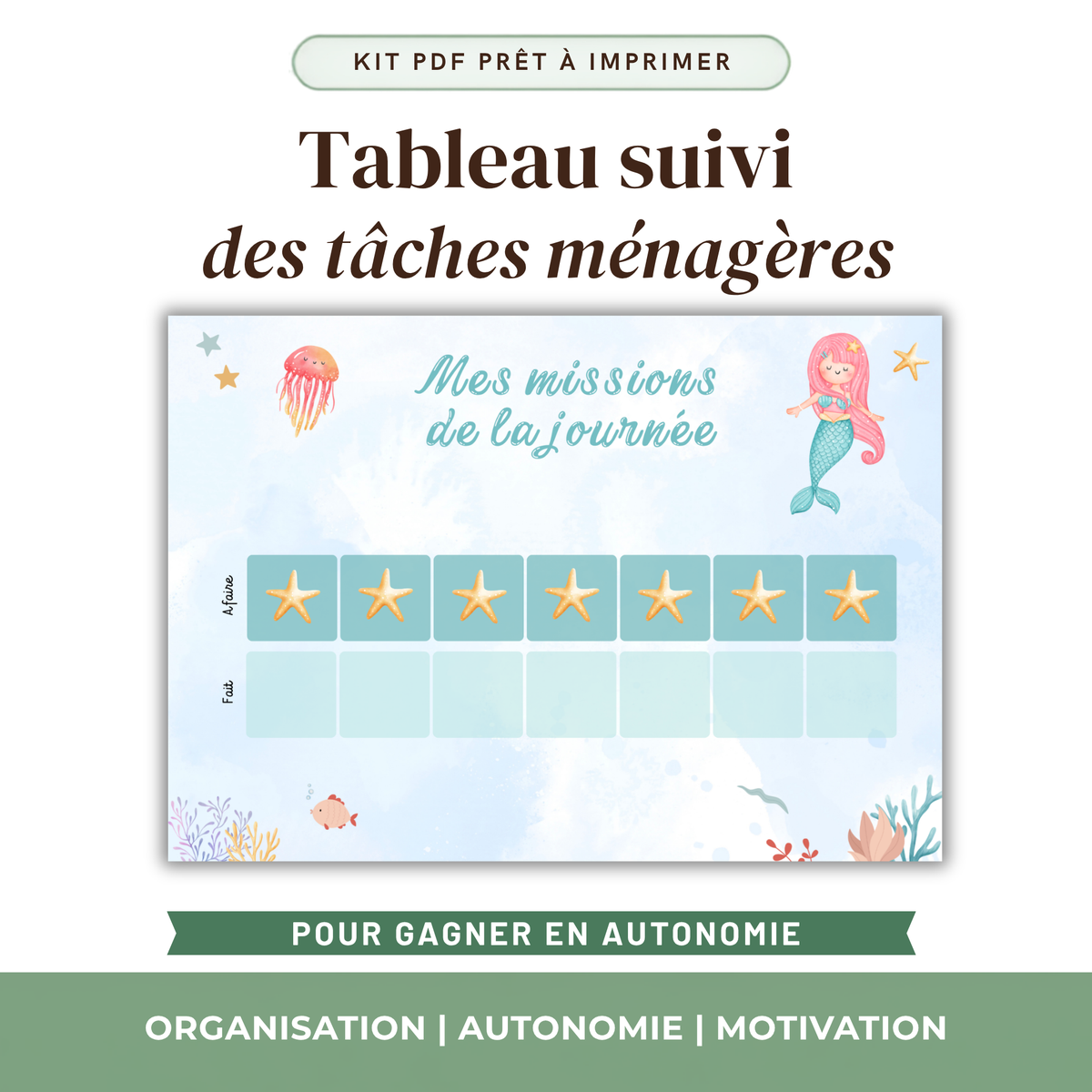 Tableau suivi des tâches ménagères enfant à imprimer, thème océan, planning de missions