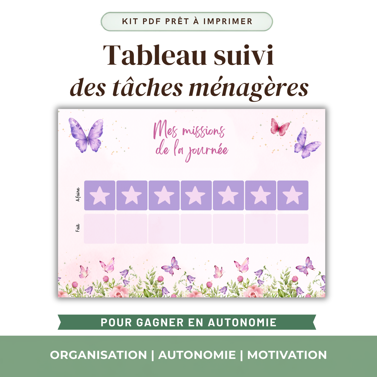 Tableau suivi des tâches ménagères enfant à imprimer, thème papillons, planning de missions