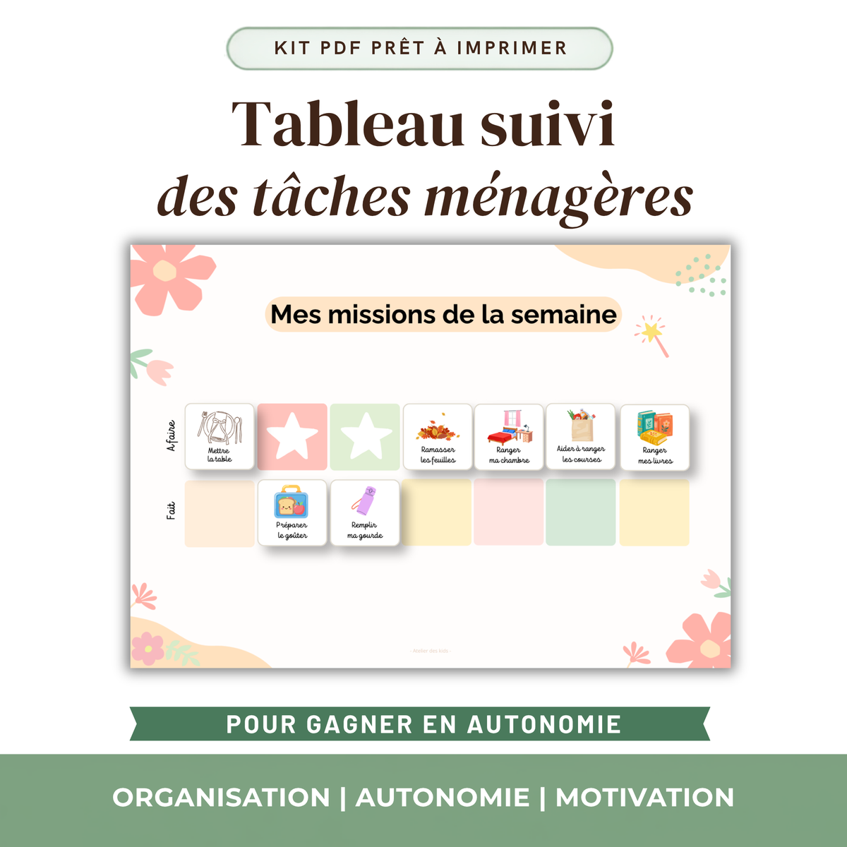 Tableau suivi des tâches ménagères enfant à imprimer, thème fleurs colorées, planning de missions
