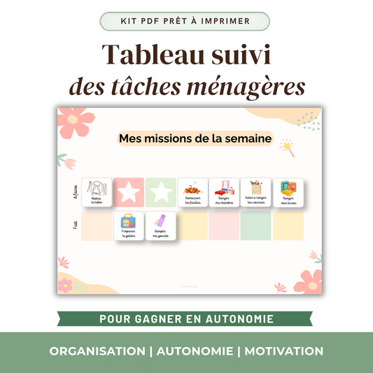 Tableau suivi des tâches ménagères enfant à imprimer, thème fleurs colorées, planning de missions