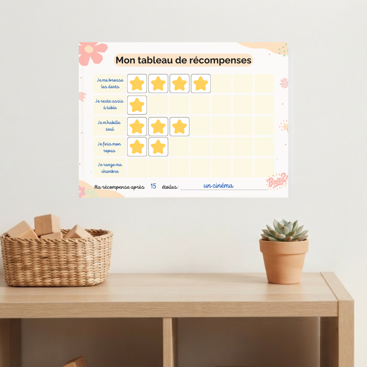 Tableau récompenses enfant multi-tâches étoiles PDF imprimable thème pastel