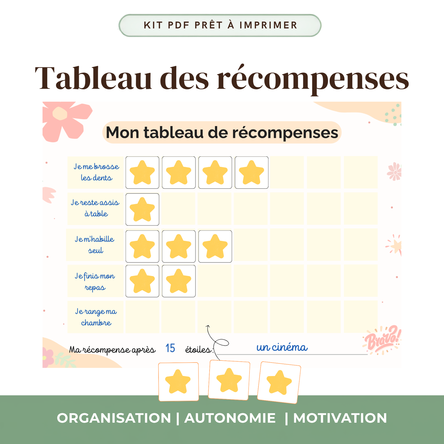 Tableau récompenses enfant multi-tâches étoiles PDF imprimable thème pastel