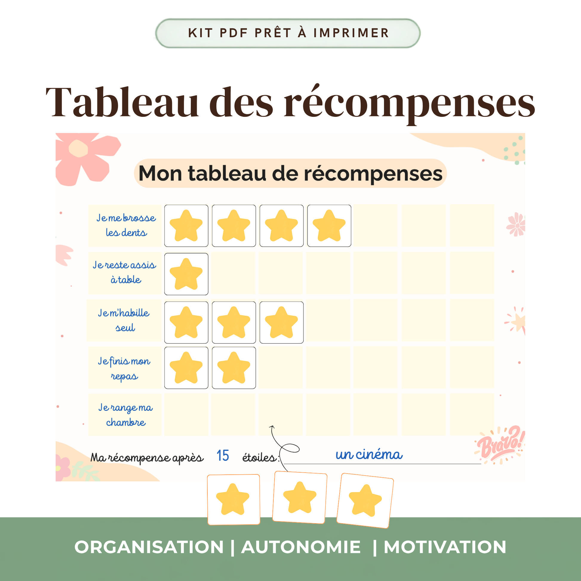 Tableau récompenses enfant multi-tâches étoiles PDF imprimable thème pastel