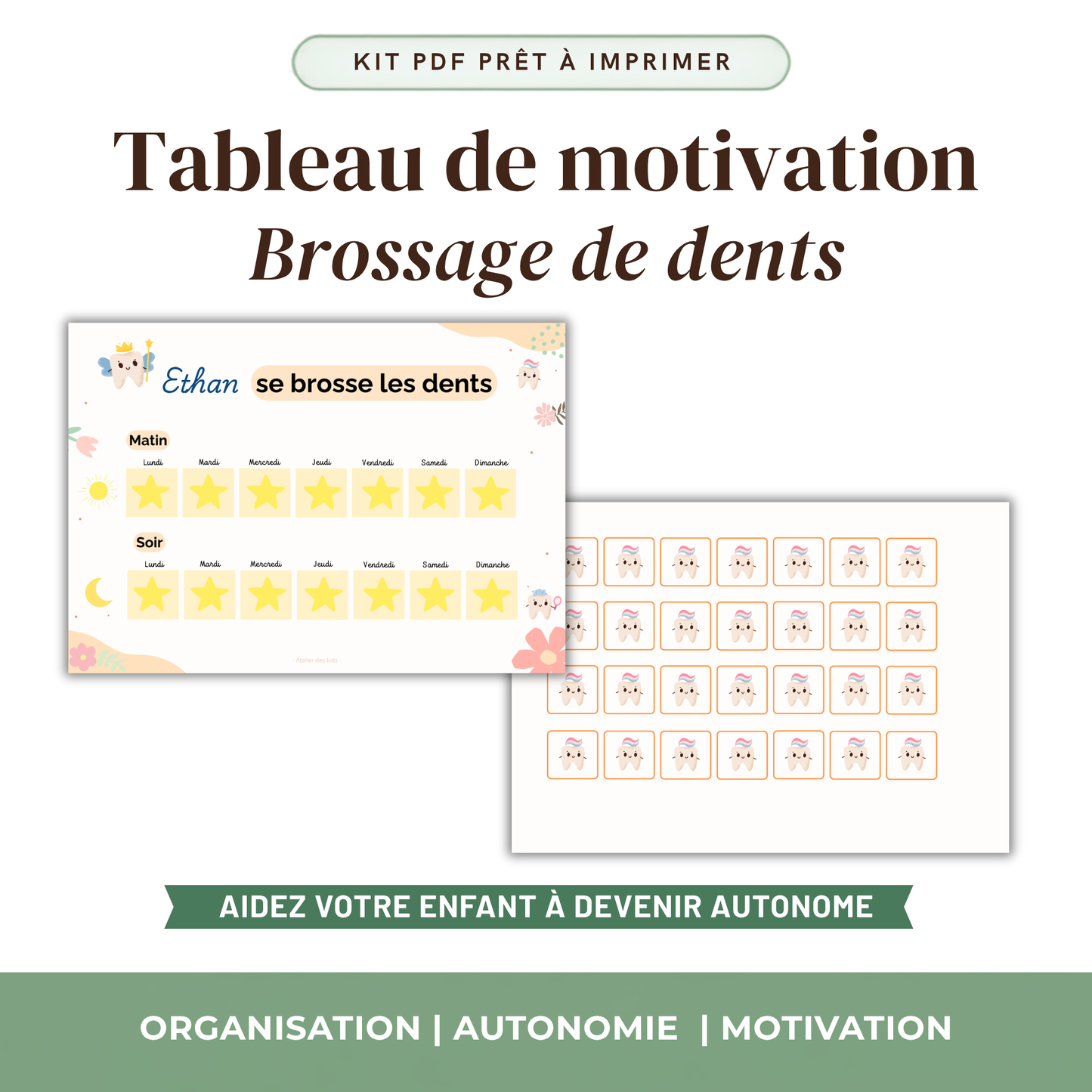 Kit de suivi de brossage de dents pour enfant à imprimer, thème au choix, affichage de routine ludique et coloré