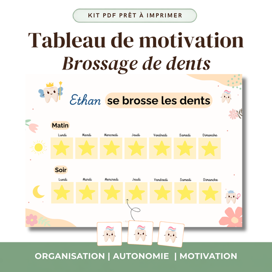Kit de suivi de brossage de dents pour enfant à imprimer, thème au choix, affichage de routine ludique et coloré