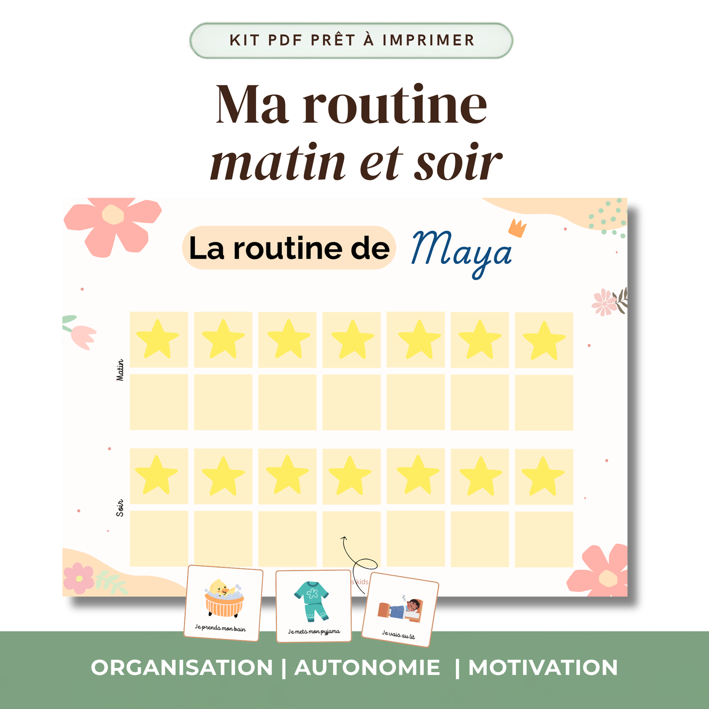 Tableau de routine du soir pour enfant en format A4 laminé fixé sur un mur carrelé de salle de bains avec des tons pastel doux, montrant des pictogrammes géométriques colorés alignés verticalement, baigné dans une lumière naturelle chaleureuse.