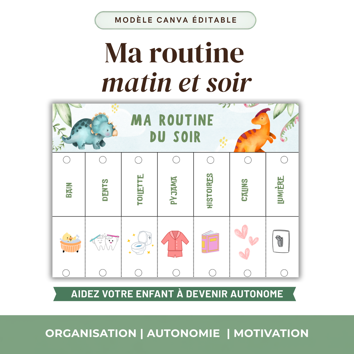 Une routine matin et soir pour votre enfant — utilisable dès aujourd'hui, personnalisable si vous le souhaitez.